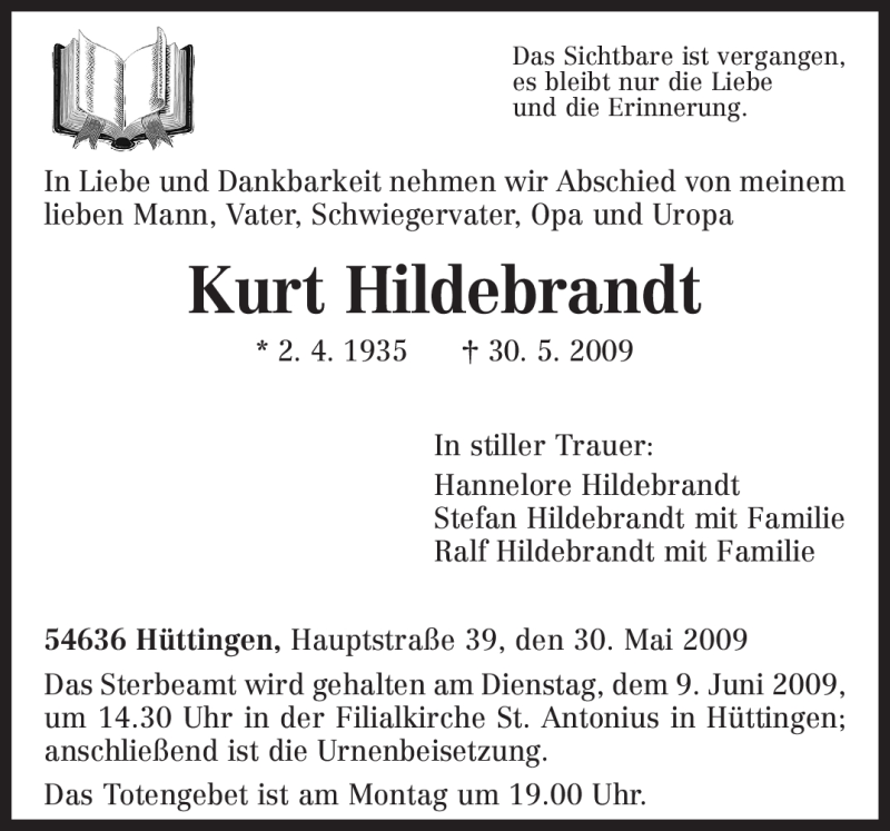  Traueranzeige für Kurt Hildebrandt vom 06.06.2009 aus TRIERISCHER VOLKSFREUND