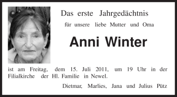 Traueranzeige von Anni Winter von TRIERISCHER VOLKSFREUND