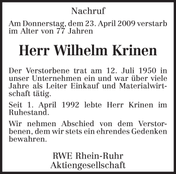 Traueranzeige von Wilhelm Krinen von TRIERISCHER VOLKSFREUND