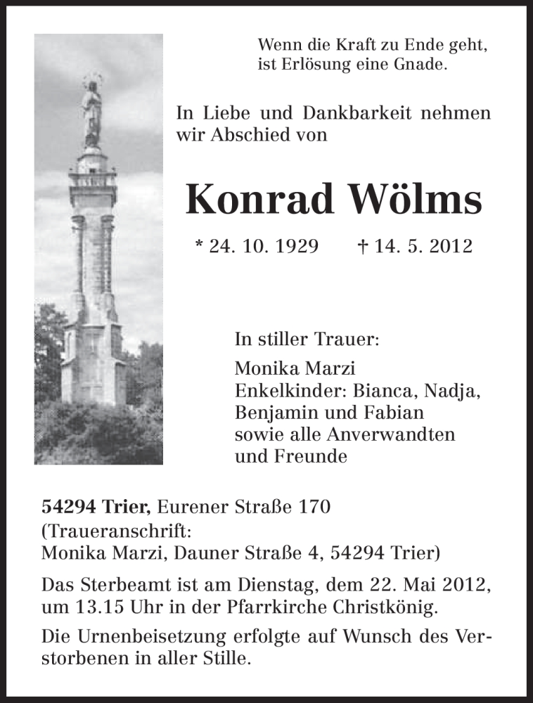  Traueranzeige für Konrad Wölms vom 19.05.2012 aus TRIERISCHER VOLKSFREUND