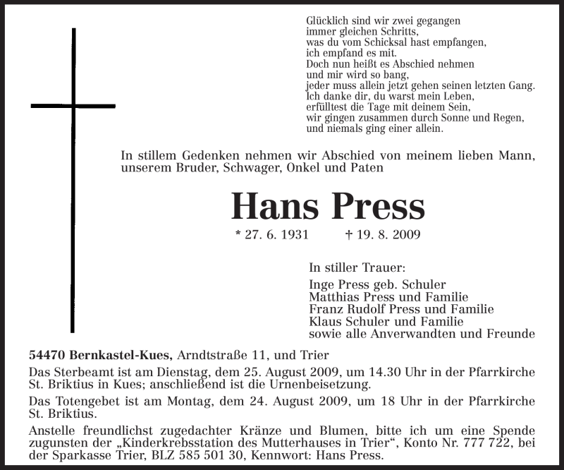 Traueranzeigen Von Hans Press Volksfreund Trauer De