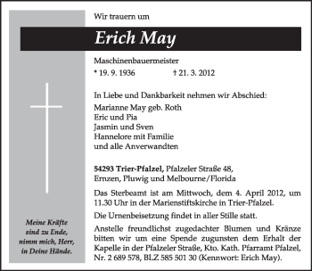 Traueranzeige von Erich May von TRIERISCHER VOLKSFREUND