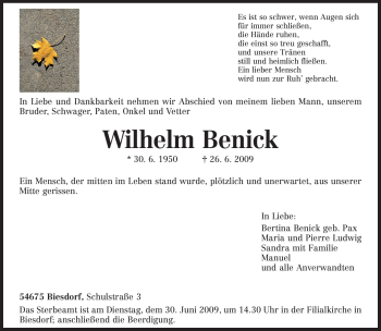 Traueranzeige von Wilhelm Benick von TRIERISCHER VOLKSFREUND