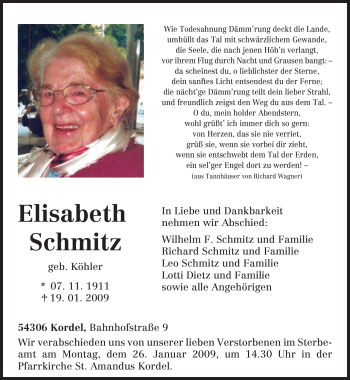 Traueranzeige von Elisabeth Schmitz von TRIERISCHER VOLKSFREUND