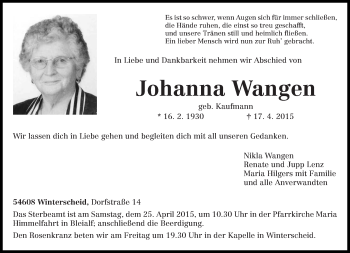 Traueranzeige von Johanna Wangen von trierischer_volksfreund