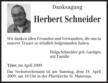 Traueranzeige von Herbert Schneider von TRIERISCHER VOLKSFREUND