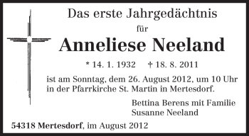 Traueranzeige von Anneliese Neeland von TRIERISCHER VOLKSFREUND