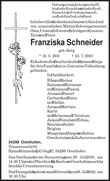 Traueranzeige von Franziska Schneider von TRIERISCHER VOLKSFREUND