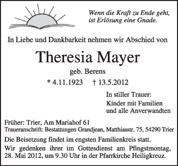 Traueranzeige von Theresia Mayer von TRIERISCHER VOLKSFREUND