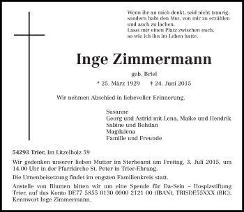 Traueranzeige von Inge Zimmermann von trierischer_volksfreund