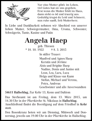 Traueranzeige von Angela Haep von trierischer_volksfreund