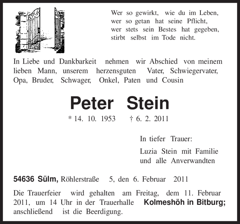  Traueranzeige für Peter Stein vom 09.02.2011 aus TRIERISCHER VOLKSFREUND