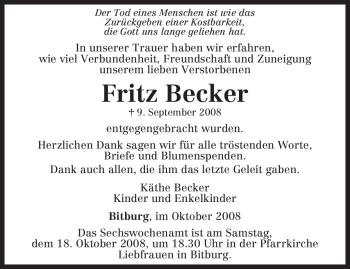 Traueranzeige von Fritz Becker von TRIERISCHER VOLKSFREUND