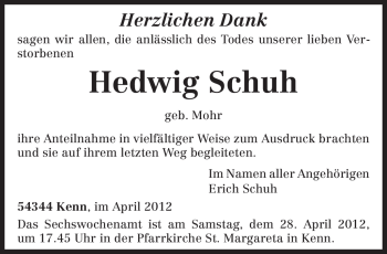 Traueranzeige von Hedwig Schuh von TRIERISCHER VOLKSFREUND