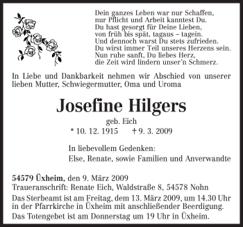 Traueranzeige von Josefine Hilgers von TRIERISCHER VOLKSFREUND