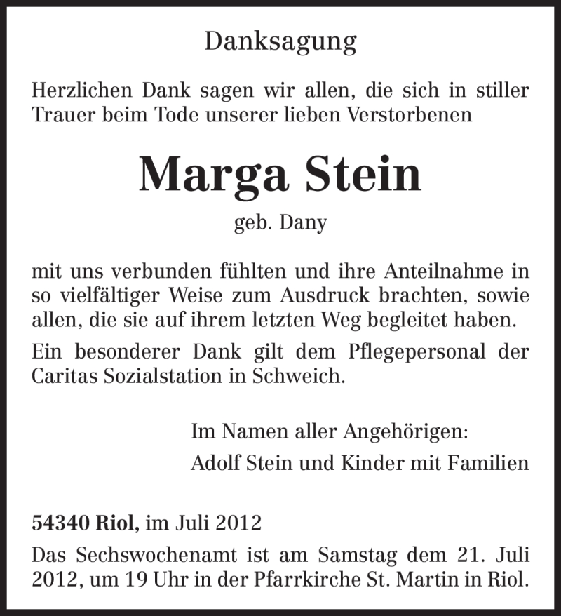  Traueranzeige für Marga Stein vom 18.07.2012 aus TRIERISCHER VOLKSFREUND