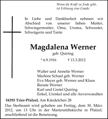 Traueranzeige von Magdalena Werner von TRIERISCHER VOLKSFREUND