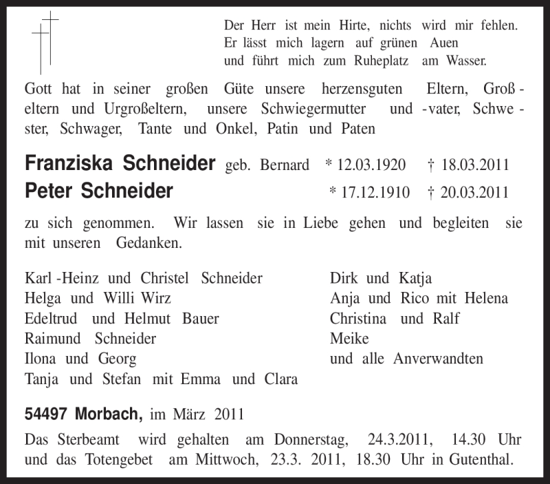  Traueranzeige für Franziska Schneider vom 22.03.2011 aus TRIERISCHER VOLKSFREUND