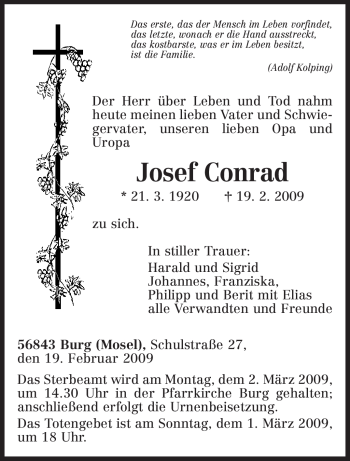 Traueranzeige von Josef Conrad von TRIERISCHER VOLKSFREUND
