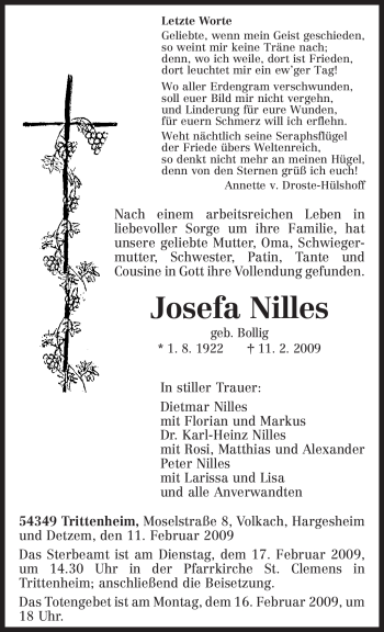 Traueranzeige von Josefa Nilles von TRIERISCHER VOLKSFREUND