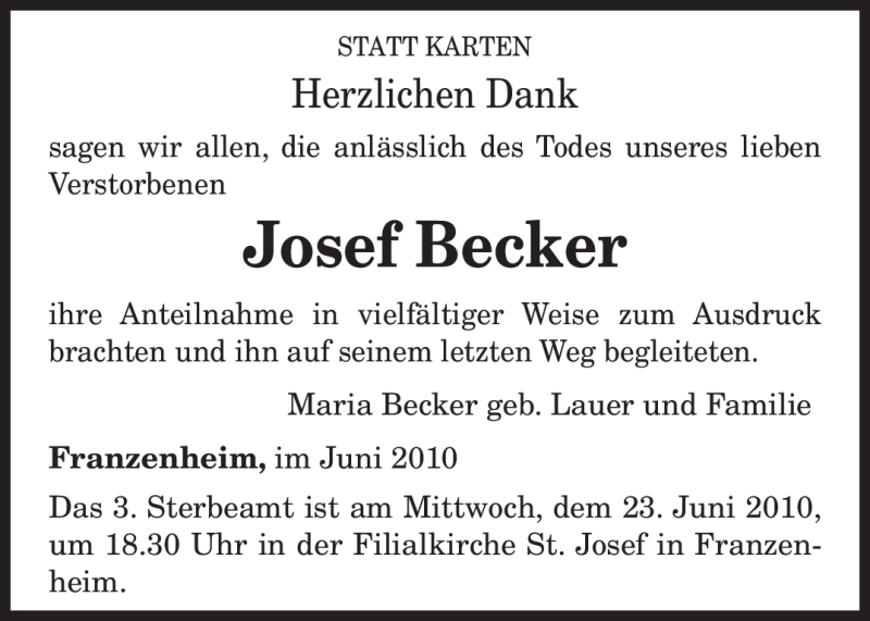  Traueranzeige für Josef Becker vom 19.06.2010 aus TRIERISCHER VOLKSFREUND