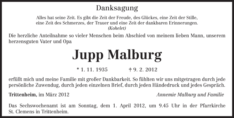  Traueranzeige für Jupp Malburg vom 31.03.2012 aus TRIERISCHER VOLKSFREUND