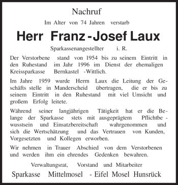 Traueranzeige von Franz-Josef Laux von TRIERISCHER VOLKSFREUND
