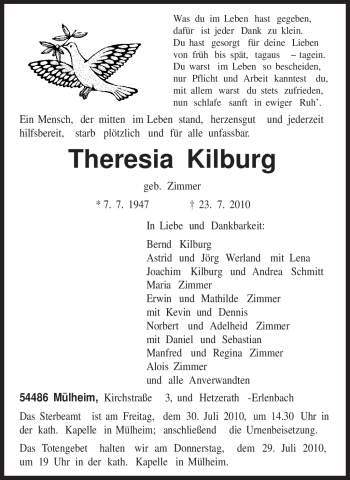 Traueranzeige von Theresia Kilburg von TRIERISCHER VOLKSFREUND