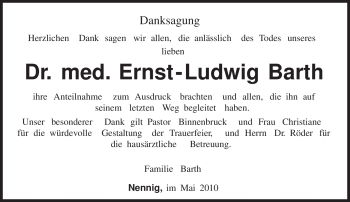 Traueranzeige von Ernst - Ludwig Barth von TRIERISCHER VOLKSFREUND