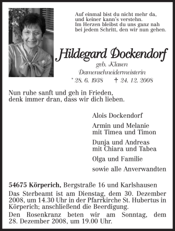 Traueranzeige von Hildegard Dockendorf von TRIERISCHER VOLKSFREUND