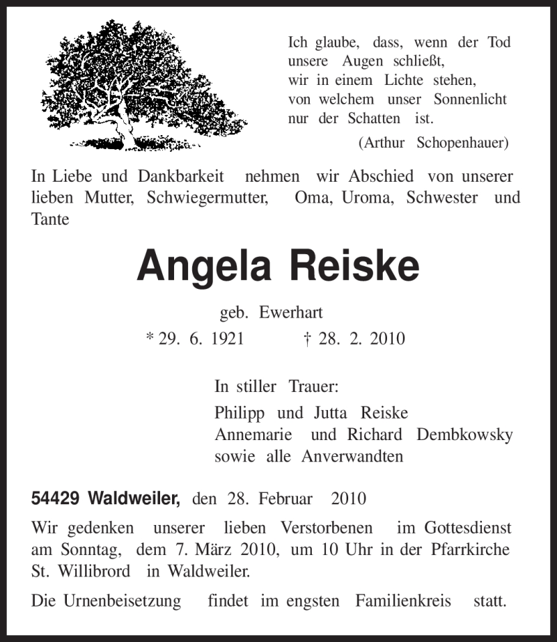  Traueranzeige für Angela Reiske vom 02.03.2010 aus TRIERISCHER VOLKSFREUND