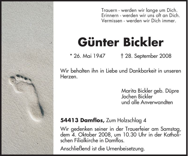 Traueranzeige für Günter Bickler vom 01.10.2008 aus TRIERISCHER VOLKSFREUND
