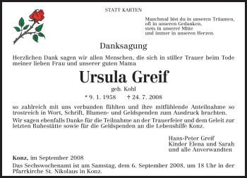 Traueranzeige von Ursula Greif von TRIERISCHER VOLKSFREUND