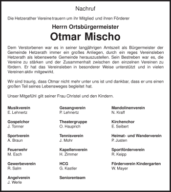 Traueranzeige von Otmar Mischo von TRIERISCHER VOLKSFREUND