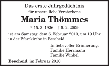 Traueranzeige von Maria Thömmes von TRIERISCHER VOLKSFREUND