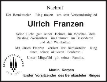 Traueranzeige von Ulrich Franzen von TRIERISCHER VOLKSFREUND