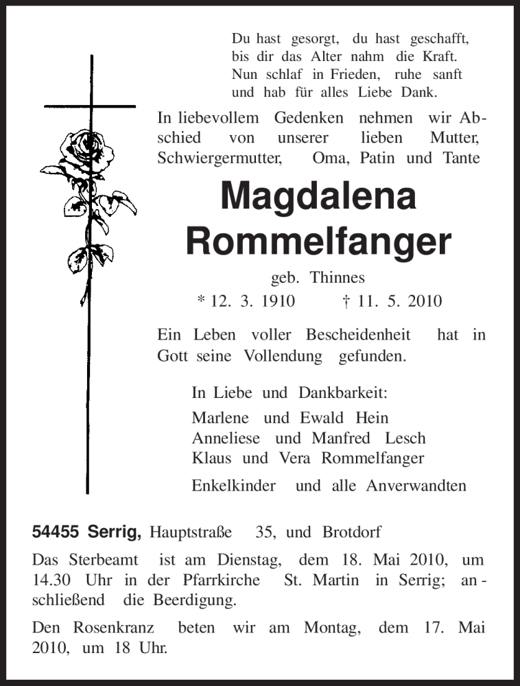  Traueranzeige für Magdalena Rommelfanger vom 15.05.2010 aus TRIERISCHER VOLKSFREUND