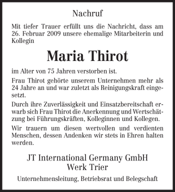 Traueranzeige von Maria Thirot von TRIERISCHER VOLKSFREUND