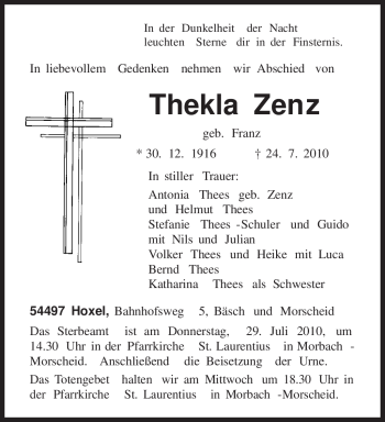Traueranzeige von Thekla Zenz von TRIERISCHER VOLKSFREUND