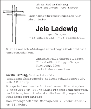 Traueranzeige von Jela Ladewig von TRIERISCHER VOLKSFREUND