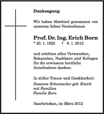 Traueranzeige von Erich Born von TRIERISCHER VOLKSFREUND