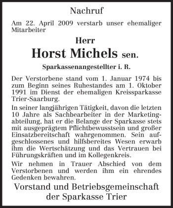 Traueranzeige von Horst Michels sen von TRIERISCHER VOLKSFREUND