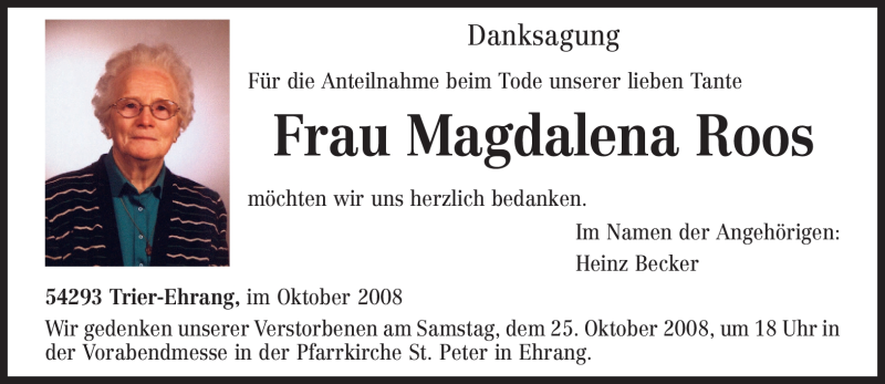  Traueranzeige für Magdalena Roos vom 11.10.2008 aus TRIERISCHER VOLKSFREUND