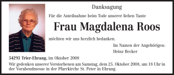 Traueranzeige von Magdalena Roos von TRIERISCHER VOLKSFREUND