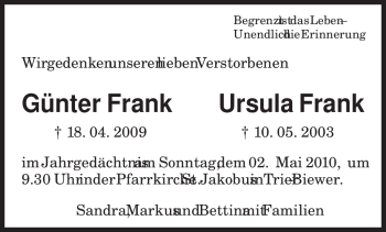 Traueranzeige von Ursula Frank von TRIERISCHER VOLKSFREUND