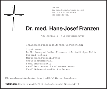 Traueranzeige von Hans-Josef Franzen von TRIERISCHER VOLKSFREUND