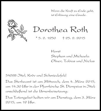 Traueranzeige von Dorothea Roth von trierischer_volksfreund