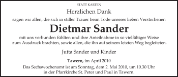 Traueranzeige von Dietmar Sander von TRIERISCHER VOLKSFREUND