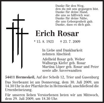 Traueranzeige von Erich Rosar von TRIERISCHER VOLKSFREUND