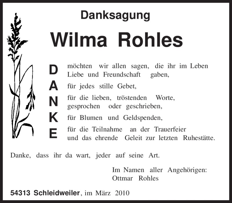  Traueranzeige für Wilma Rohles vom 26.03.2010 aus TRIERISCHER VOLKSFREUND